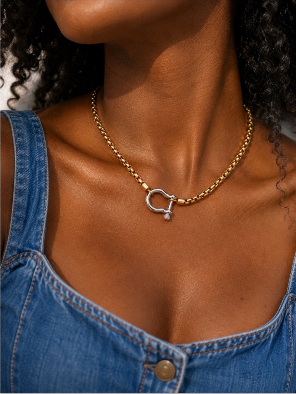 New! Preppy Classic Gold Mixed Metal Carabiner Necklace
